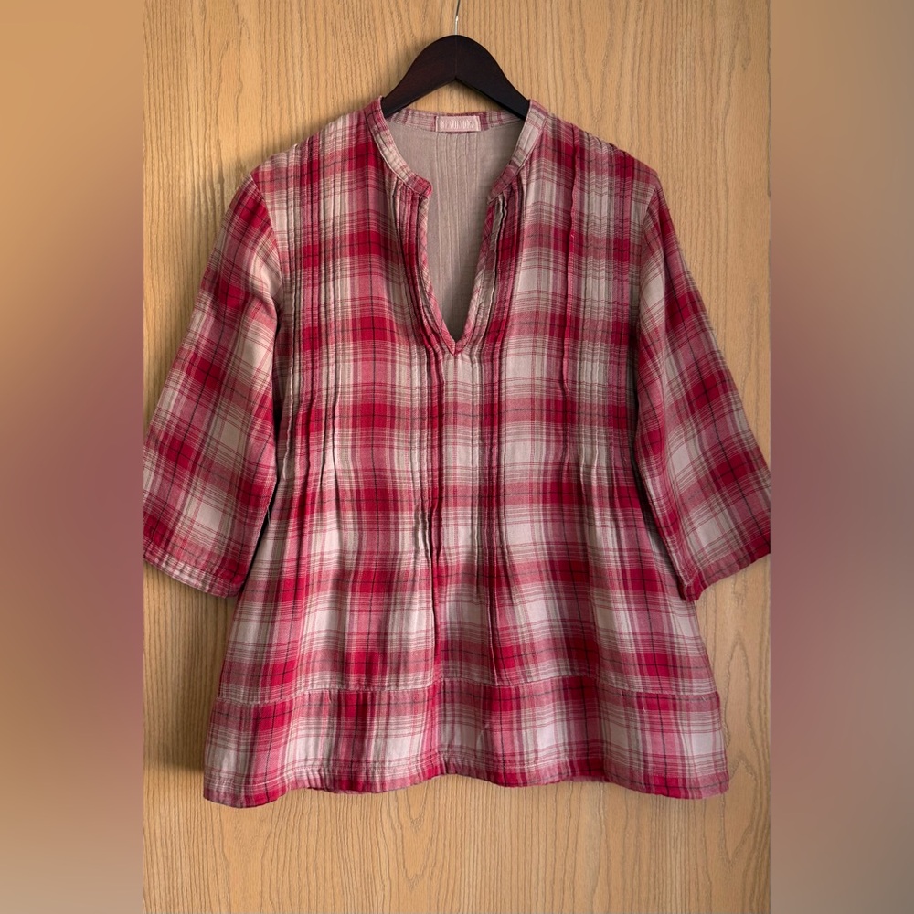 CP Shades | SZ XS | Red Beige Regina Plaid Roll-Tab Sleeve Tunic Top Lagenlook